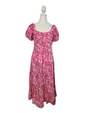 Raj Pink White Paisley Midi Dress Sz L Square Neck Puff Sleeve Ruffle Lined NWT